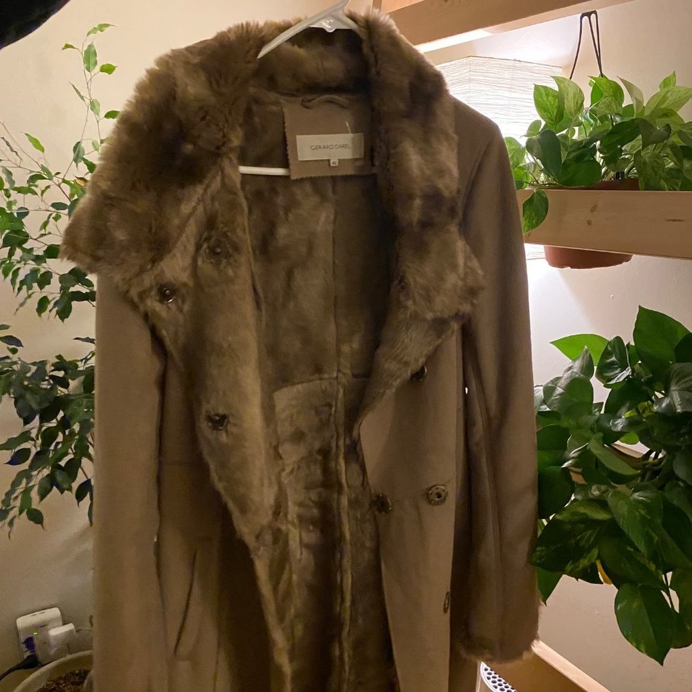 Gerard Darel Taupe Brown Faux-Fur Trim Coat